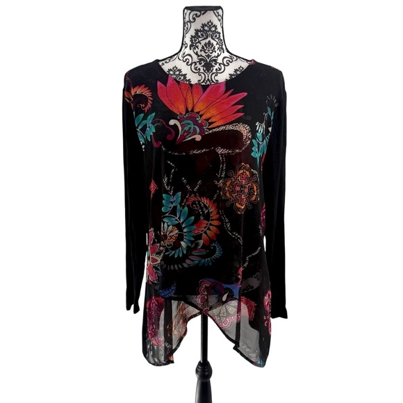 Chico’s Black Floral Asymmetrical Tulip Hem Tunic Top, 3 XL Long Sleeve Boho - Picture 1 of 14